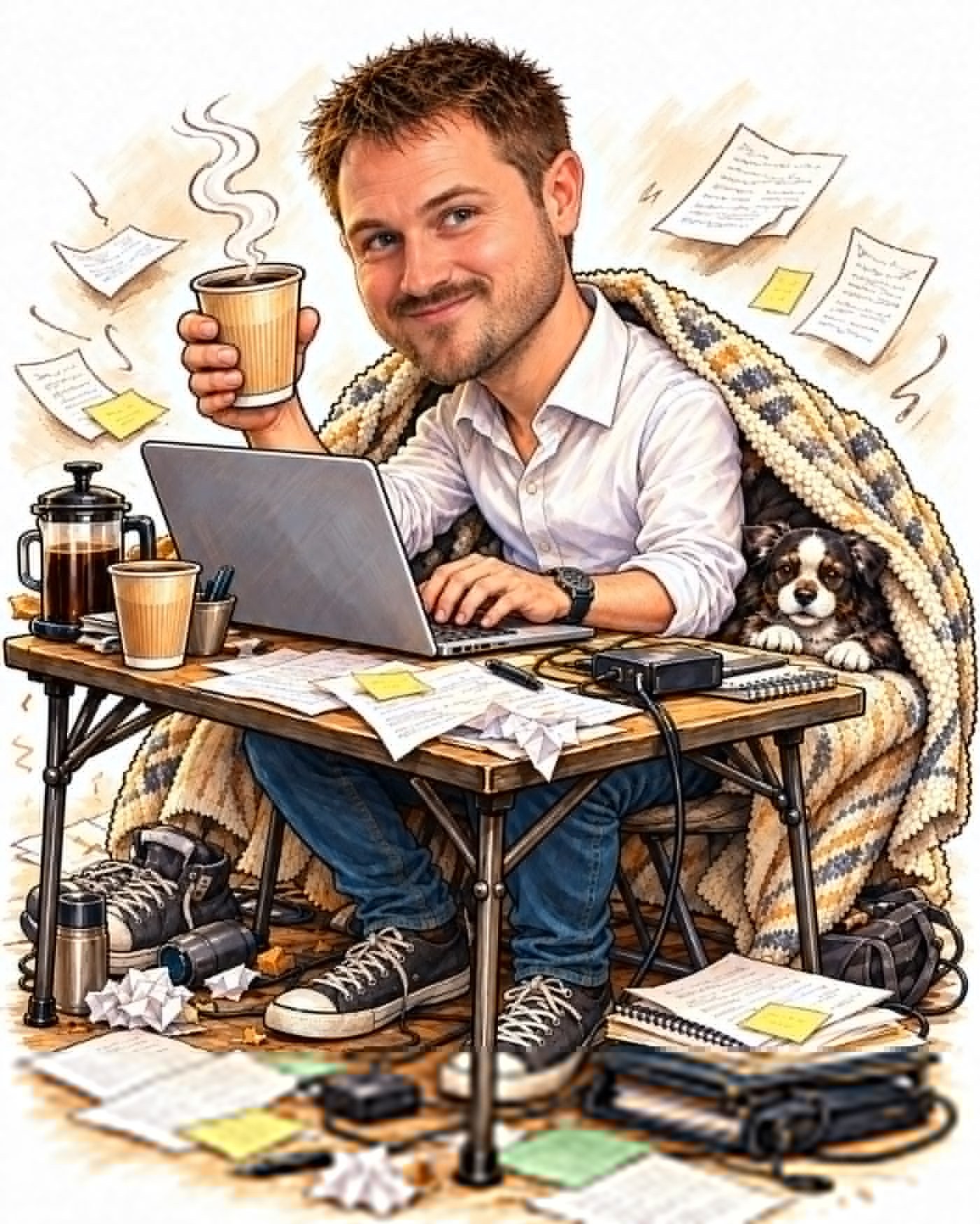 A comic, detail-rich caricature of Alex Hinsch at work.