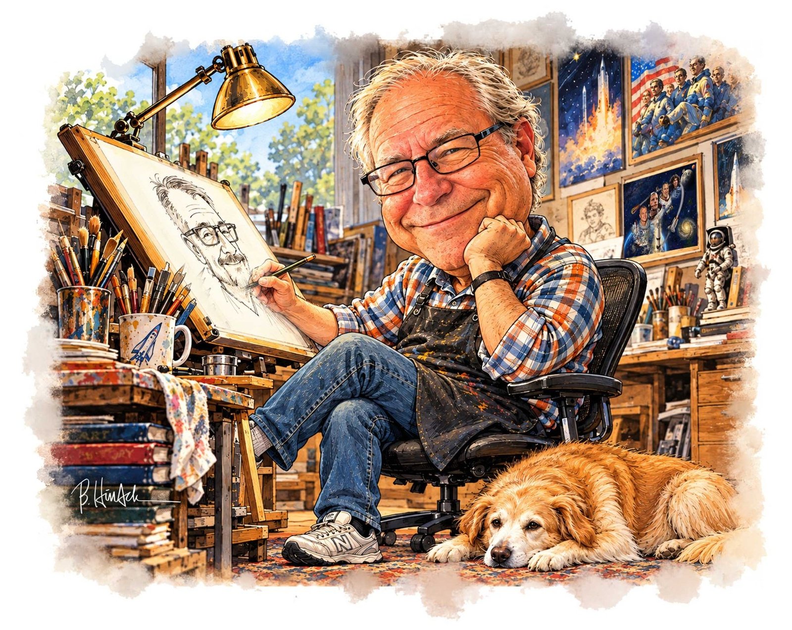 William Dean Hinsch caricatured in his studio, drawing at an easel beside his dog