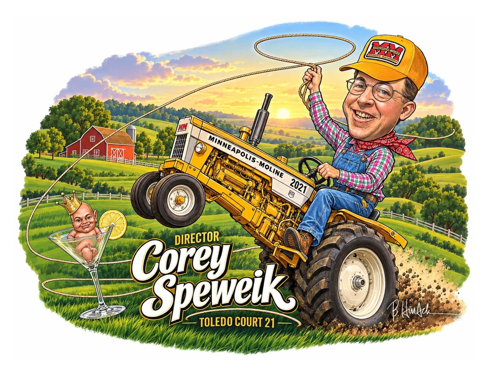 Corey Speweik takes a joyride through a farm-themed caricature.