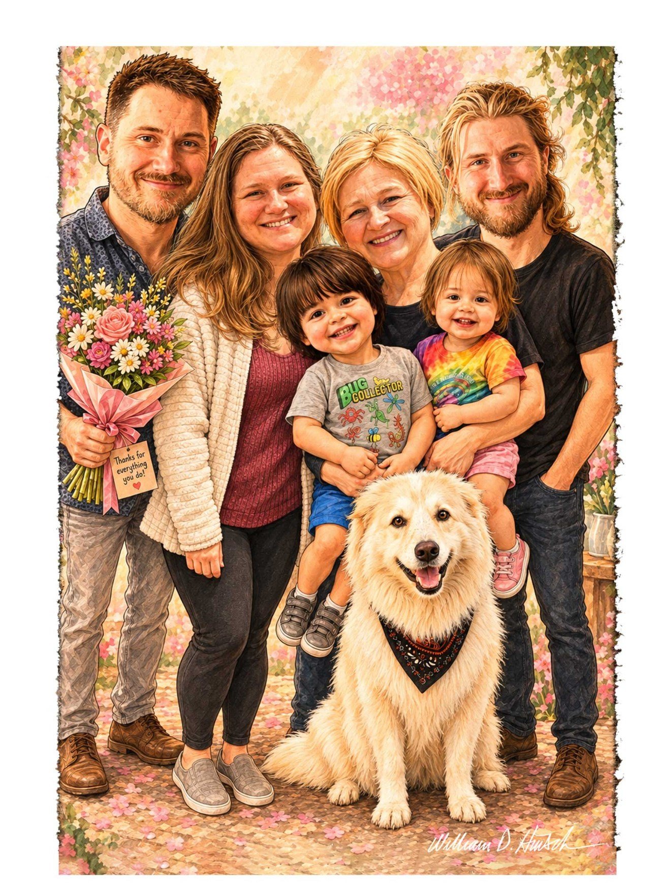 A warm family caricature, with the family dog in the middle of the story.