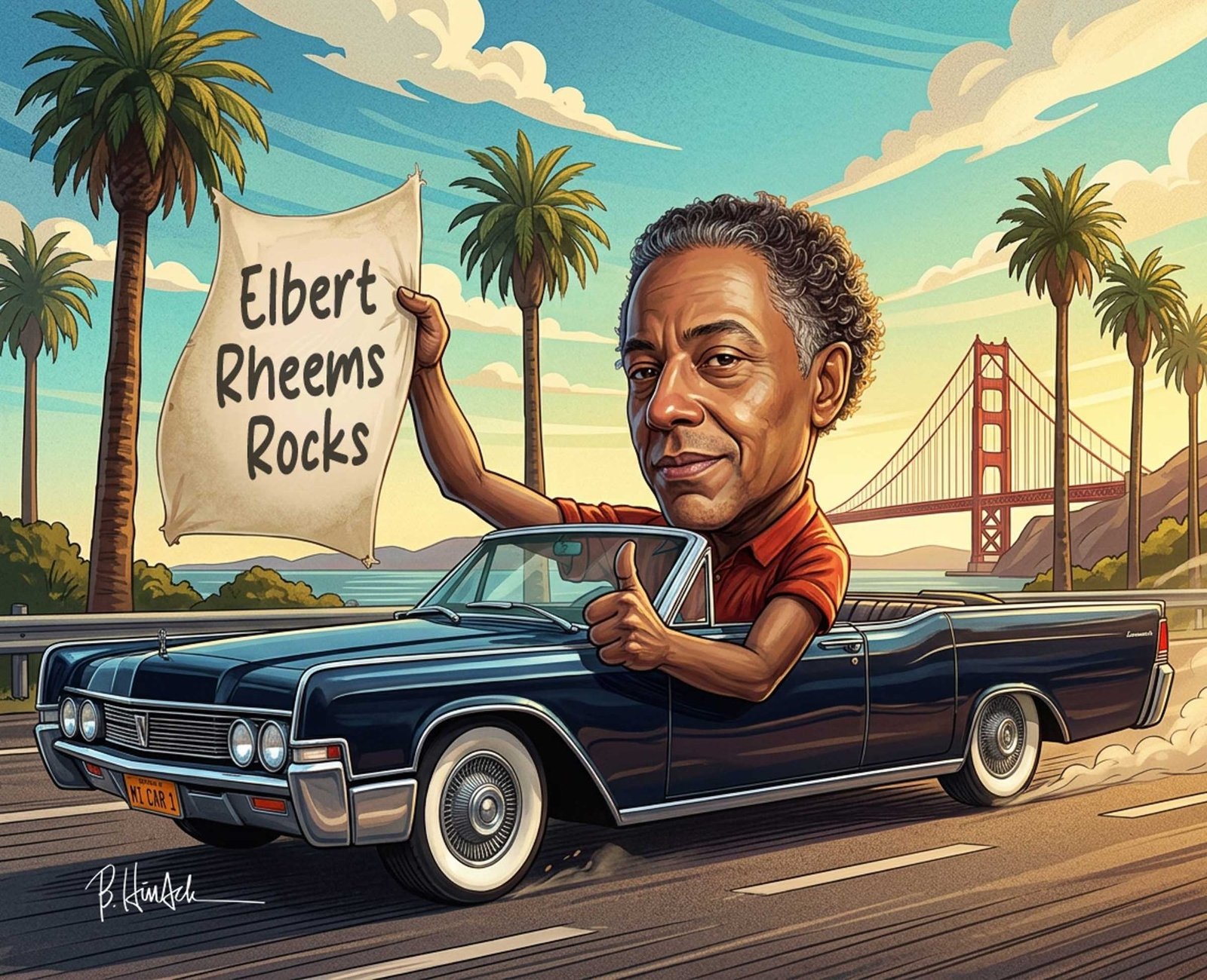 A musician enjoys a sunlit cruise in a classic convertible.