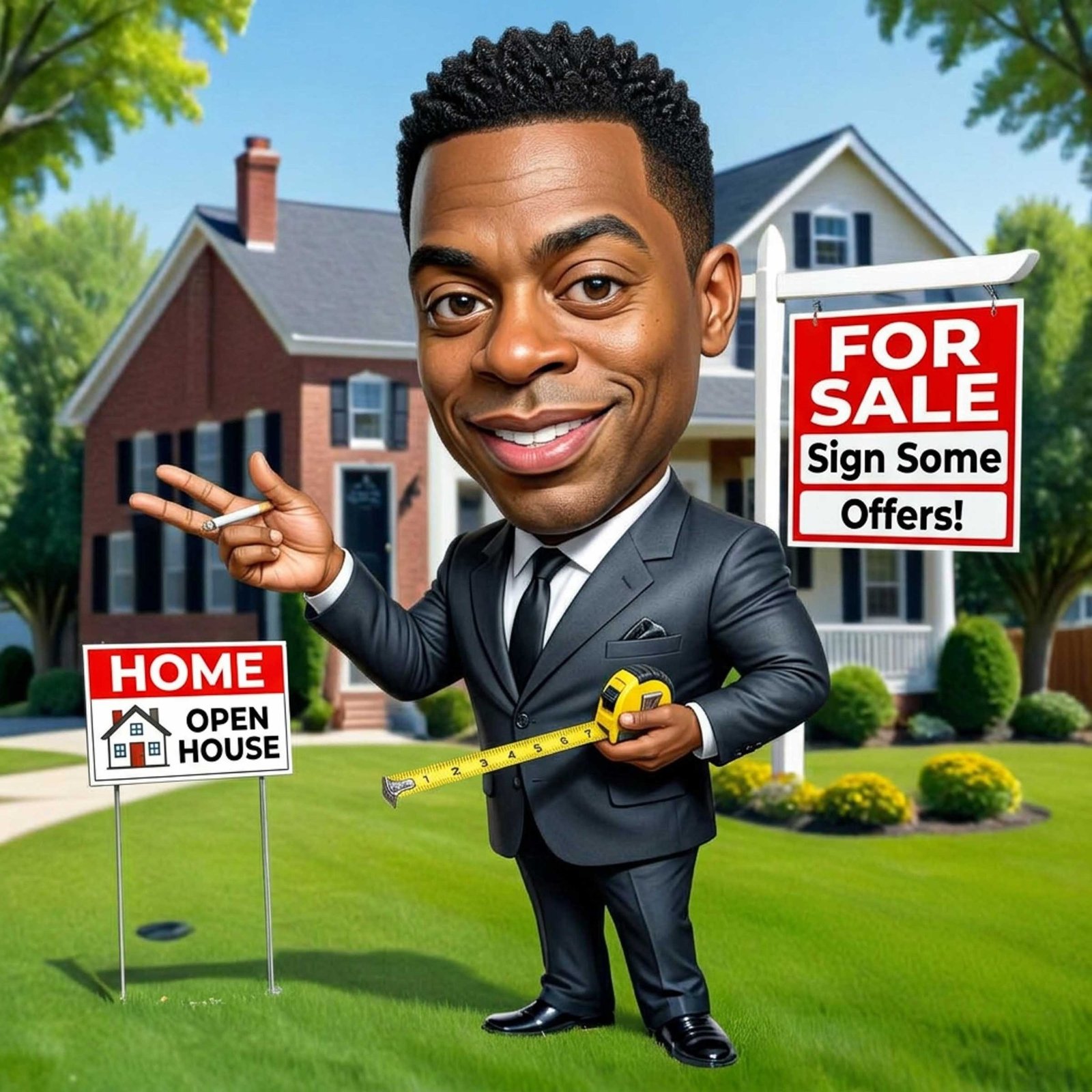 A real-estate caricature with a big personality and a “For Sale” sign.