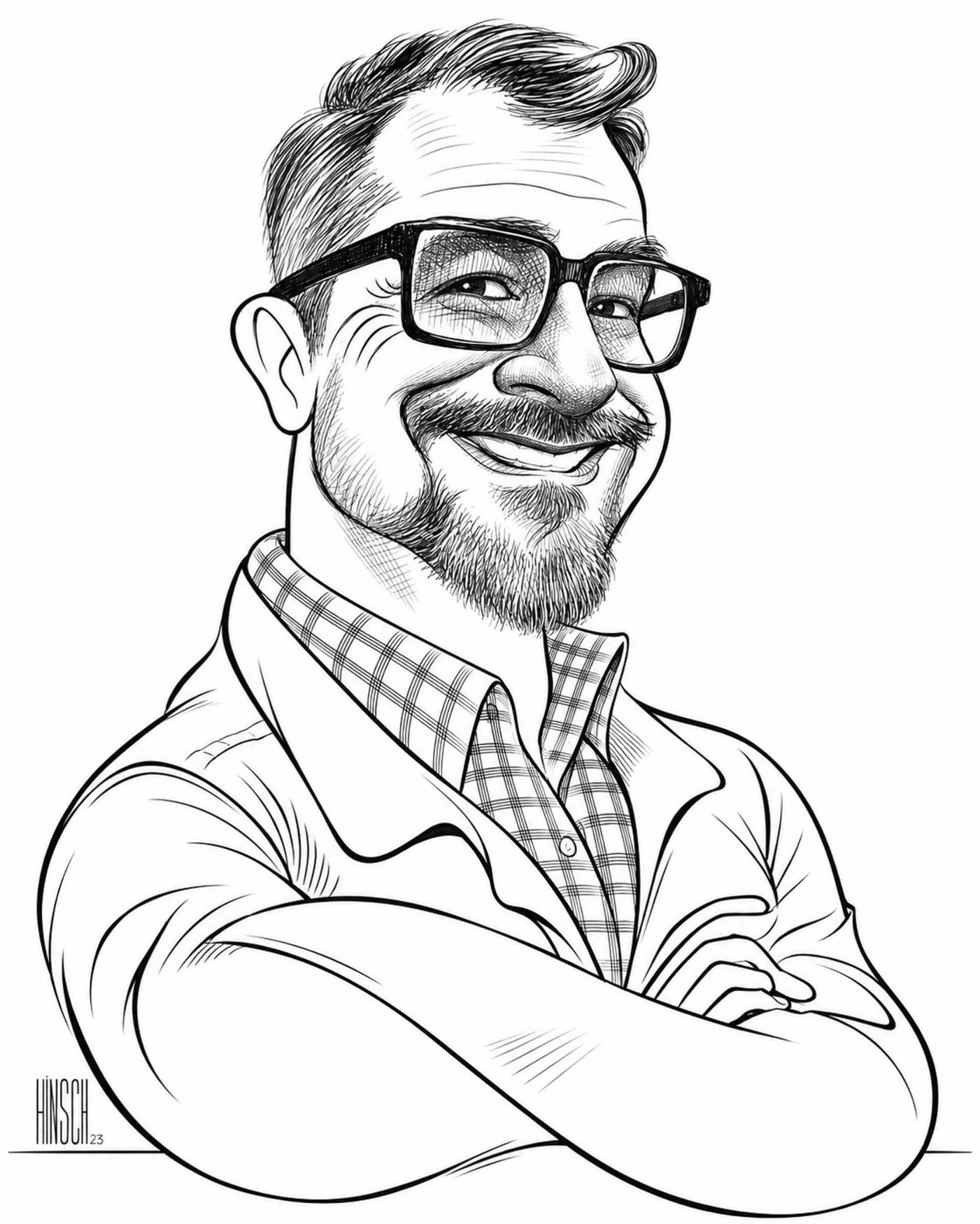 A confident ink caricature with a clean, expressive line.