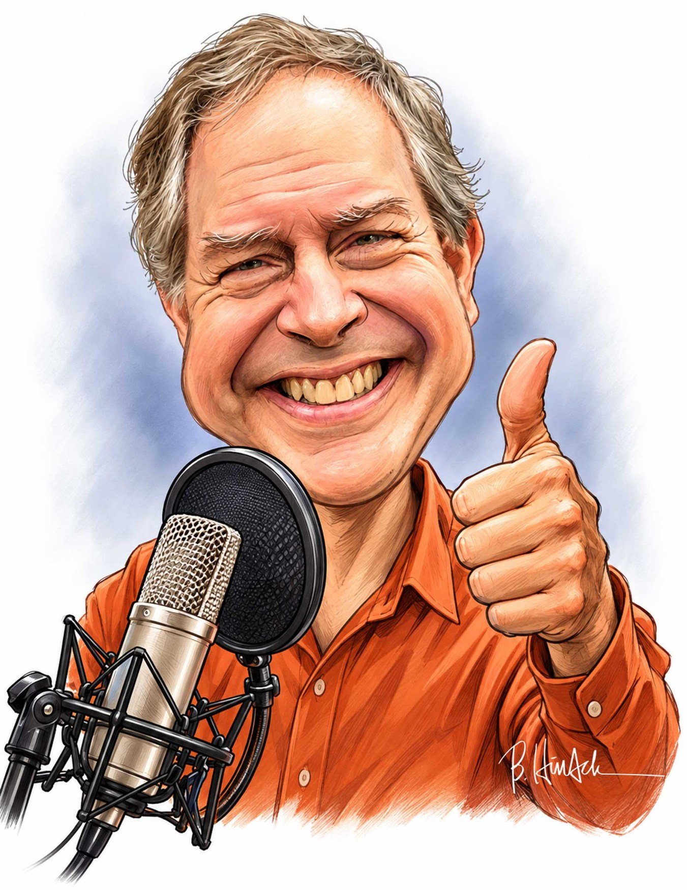 A warm, expressive caricature of John Folsom at the microphone.
