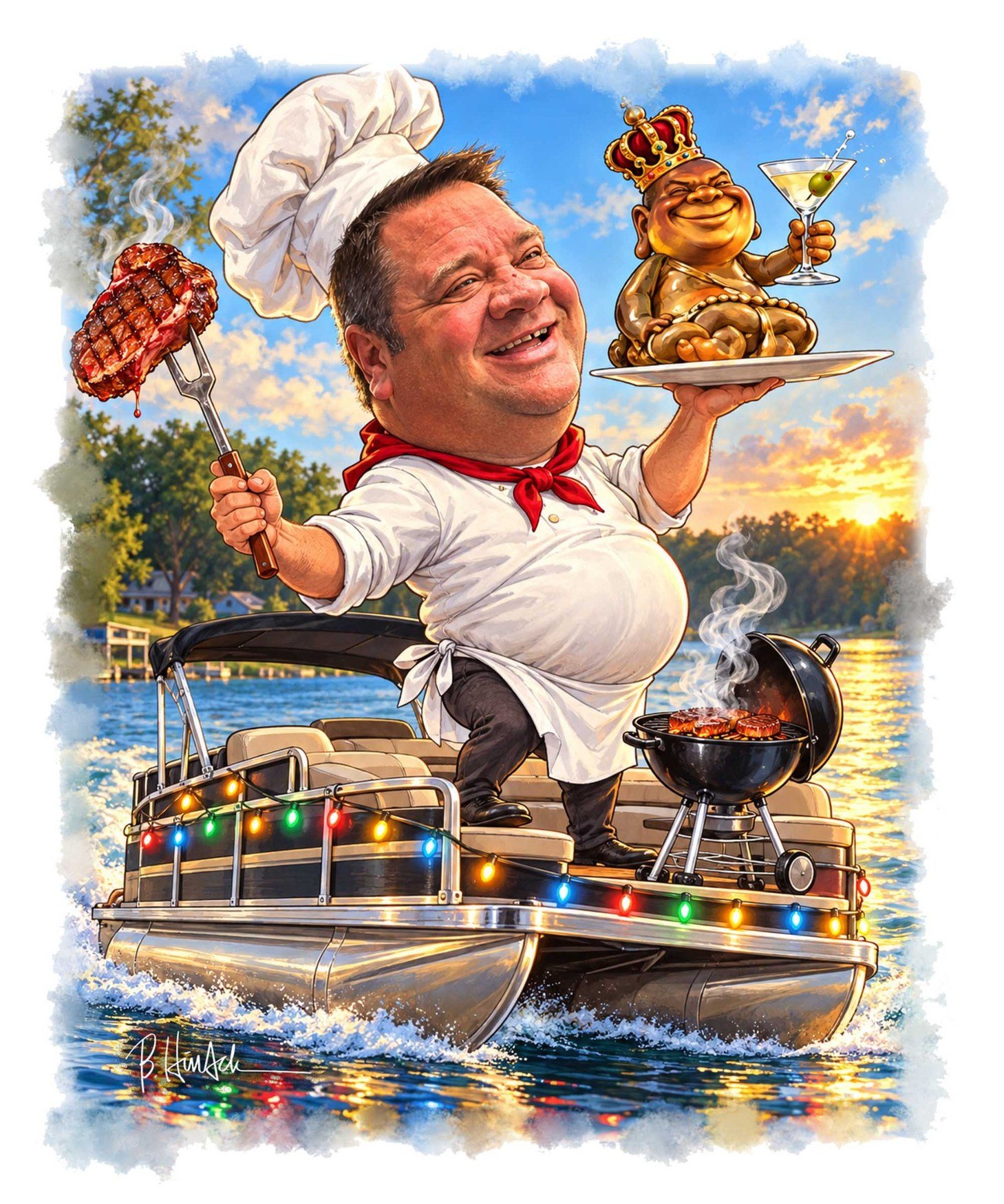 A spirited caricature of John Phowler surrounded by his favorite things.