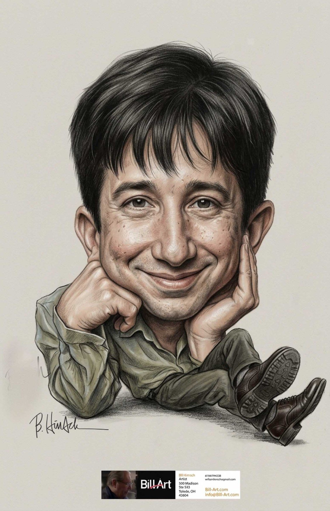 A softly rendered caricature portrait of Justin.