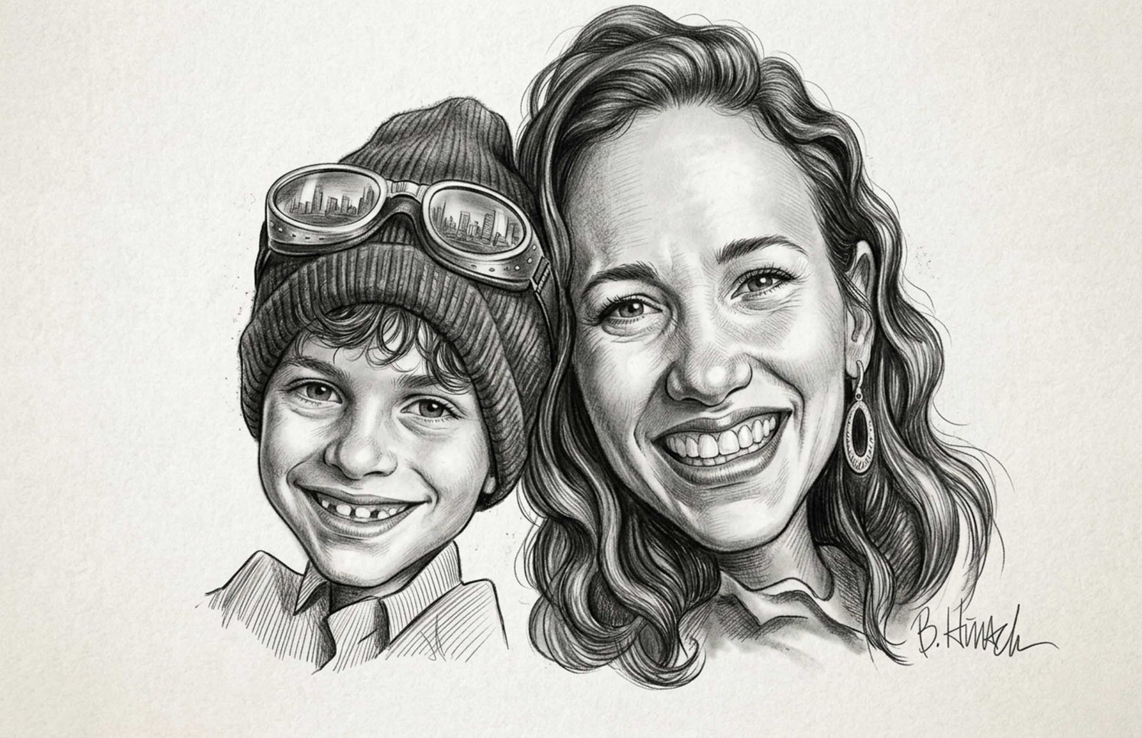 A gentle pencil portrait of a mother and daughter.