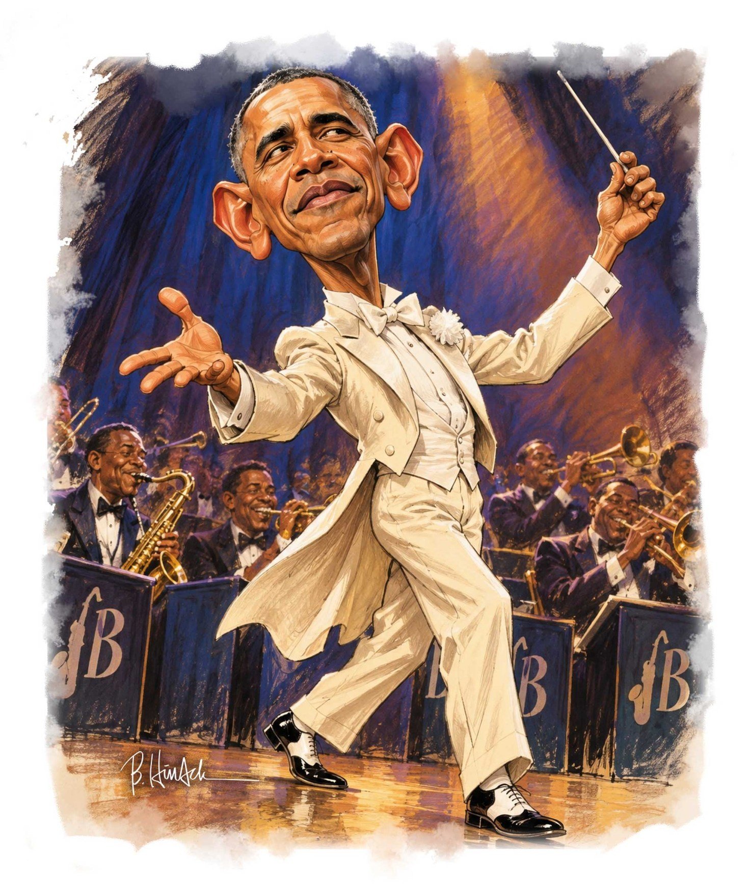 Barack Obama conducting a swing band as Cab Calloway.