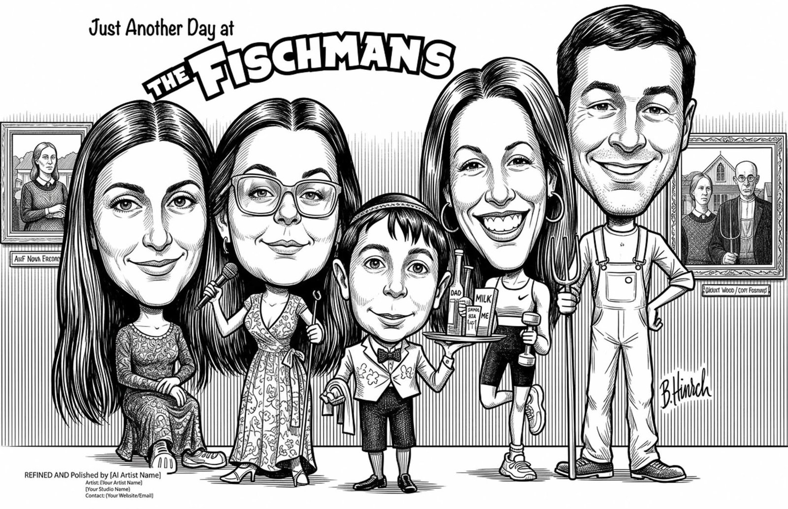 A lively group caricature of the Fischmans.