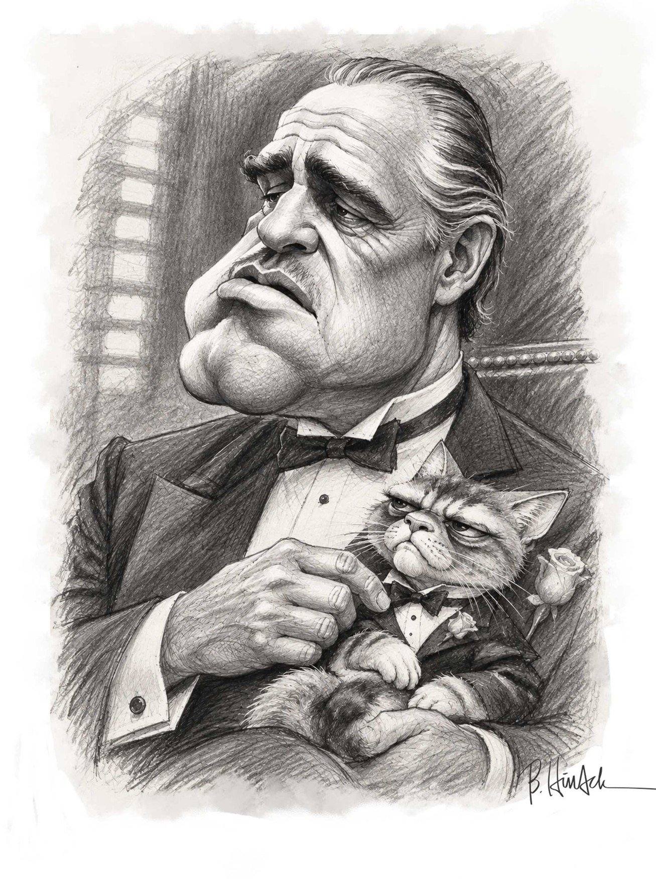 Marlon Brando as the Godfather holding Garfield, whose expression gives the kitten a mafioso look.