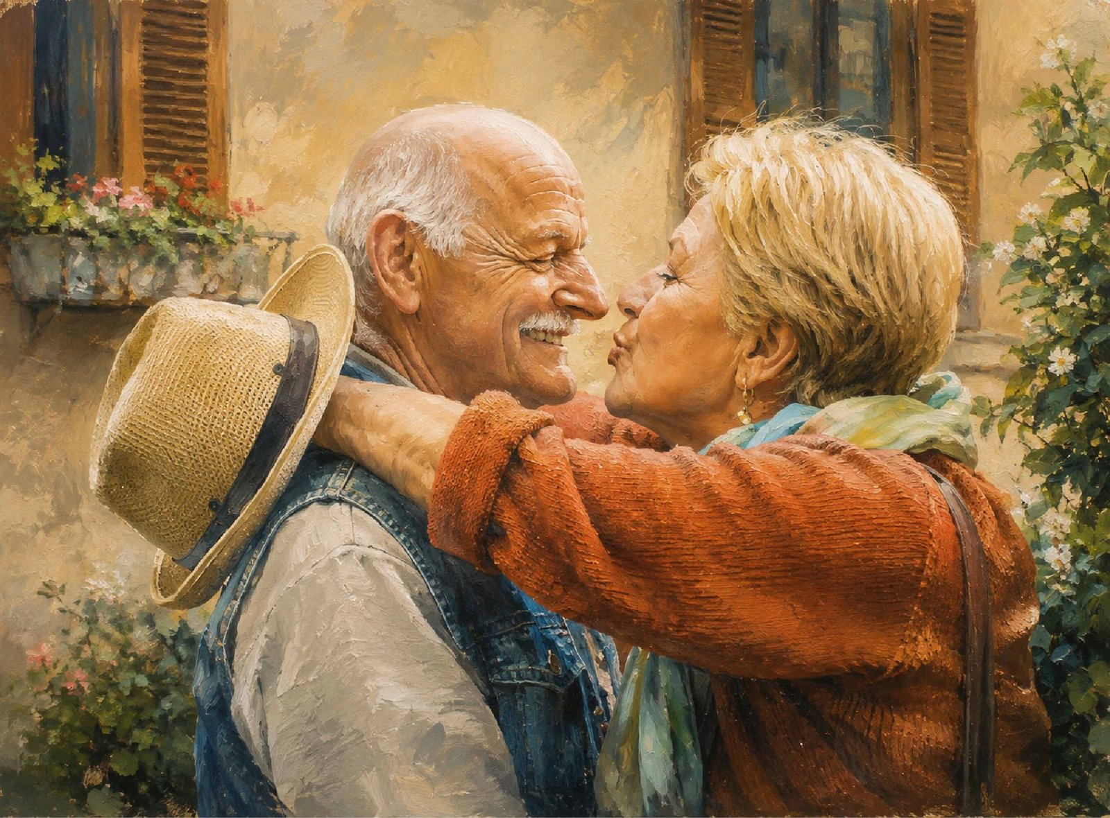 A tender portrait of an older couple sharing a kiss.